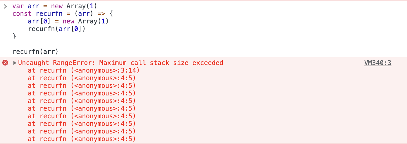 L’errore “Uncaught RangeError: Maximum call stack size exceeded” è mostrato su uno sfondo rosso accanto all'icona di una croce rossa con sopra il codice di una funzione ricorsiva
