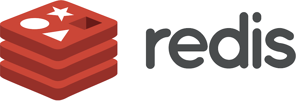 A logo Redis com o texto em letras minúsculas, mostrando uma pilha de três azulejos vermelhos à esquerda que têm estrelas brancas, círculo, e formas triangulares sobre eles.