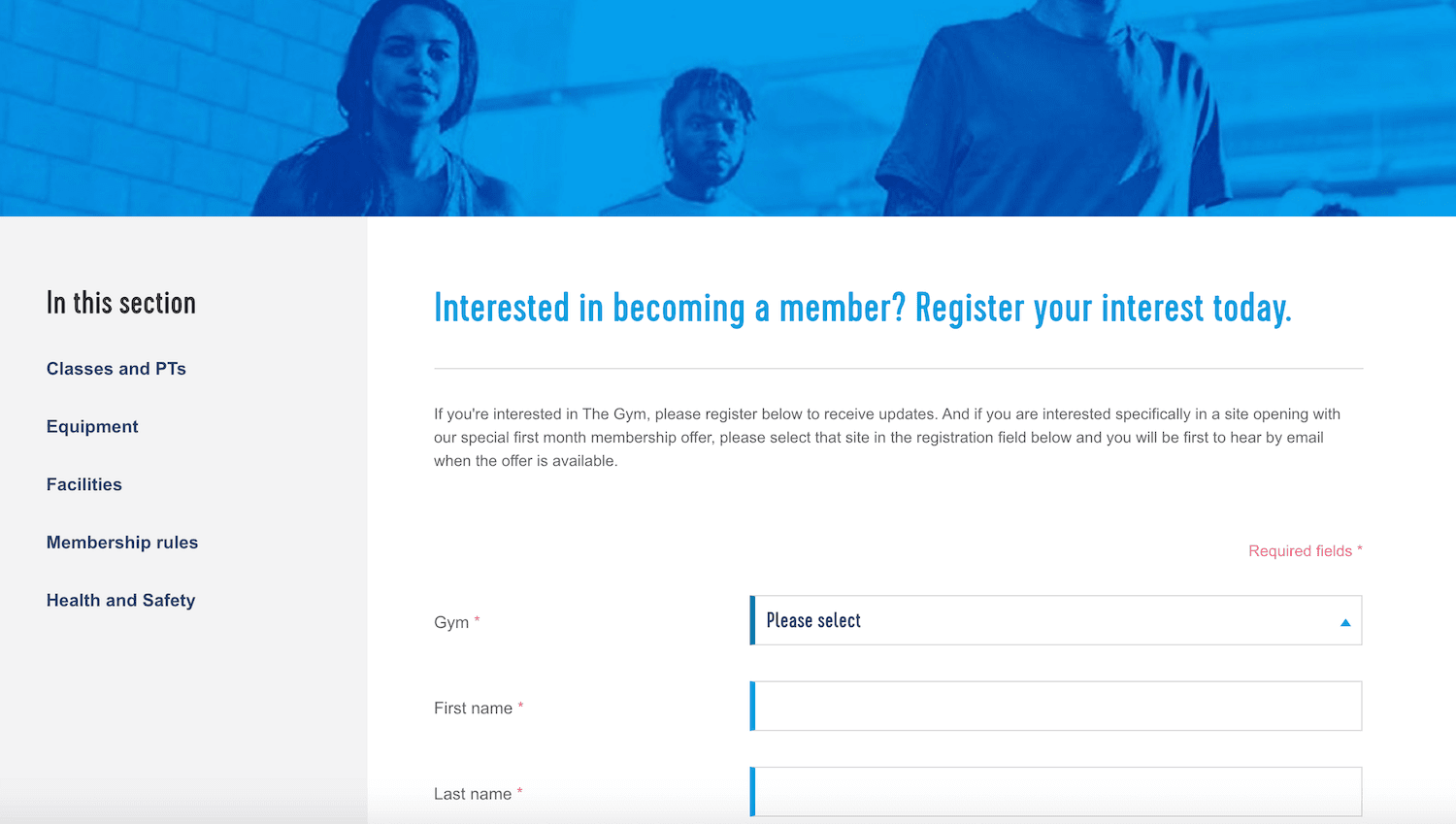 Schermata di un sito web di una palestra che propone un modulo di iscrizione