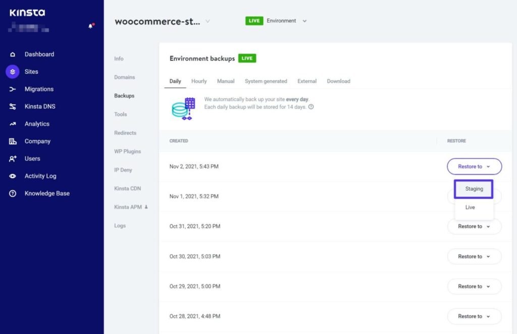 Como restaurar um backup para um ambiente de teste da Kinsta.