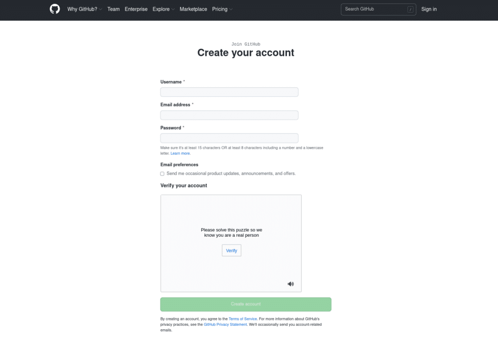 GitHub signup page with the words "Create your account" at the top.
