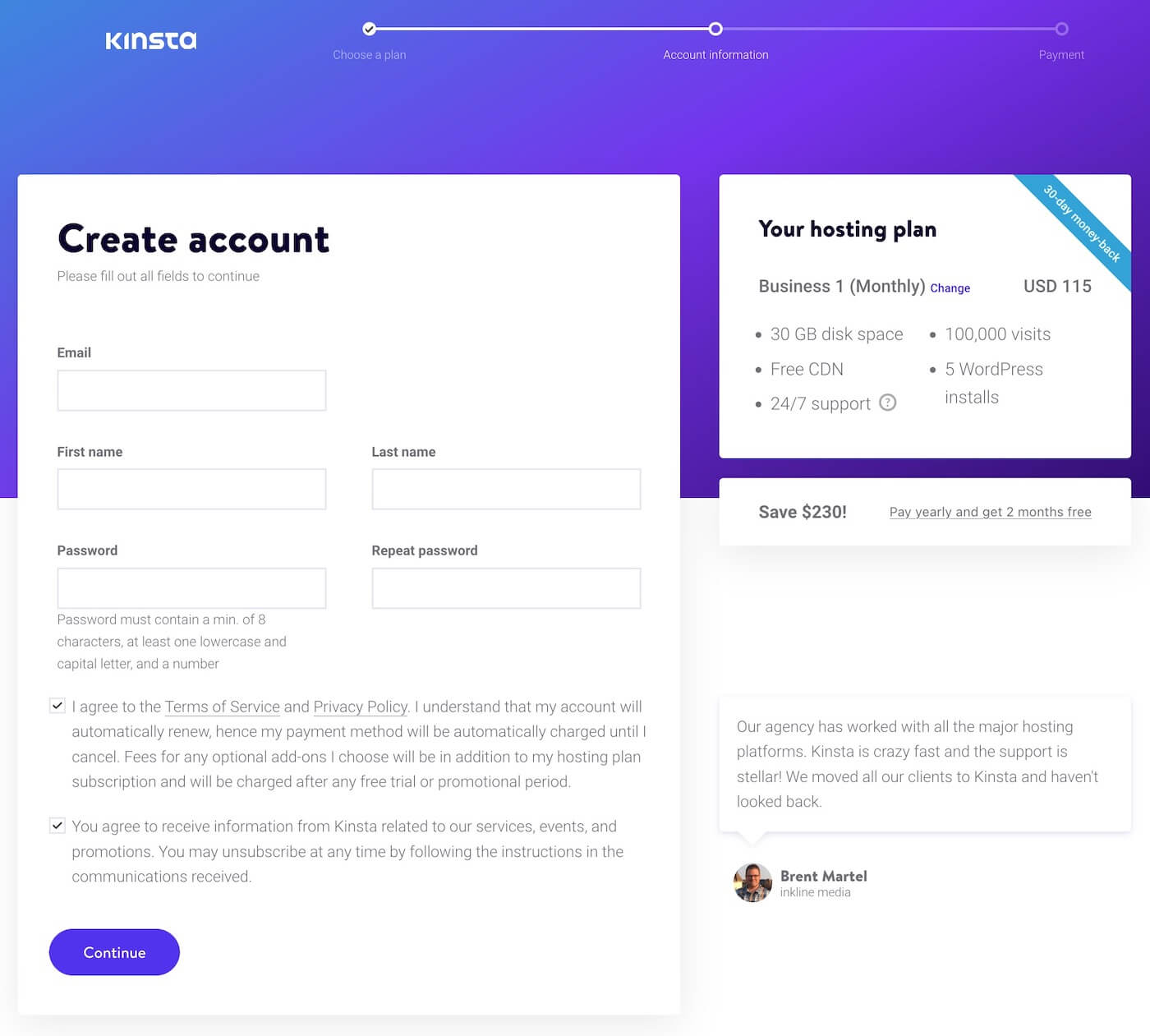 Kinsta signup page with a plan selected.