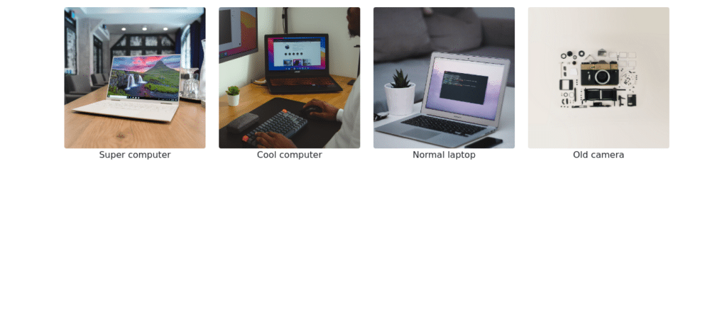Die einfache Webseite, die wir erstellen, zeigt Bilder von technischen Geräten, darunter mehrere Laptops und eine alte Kamera.