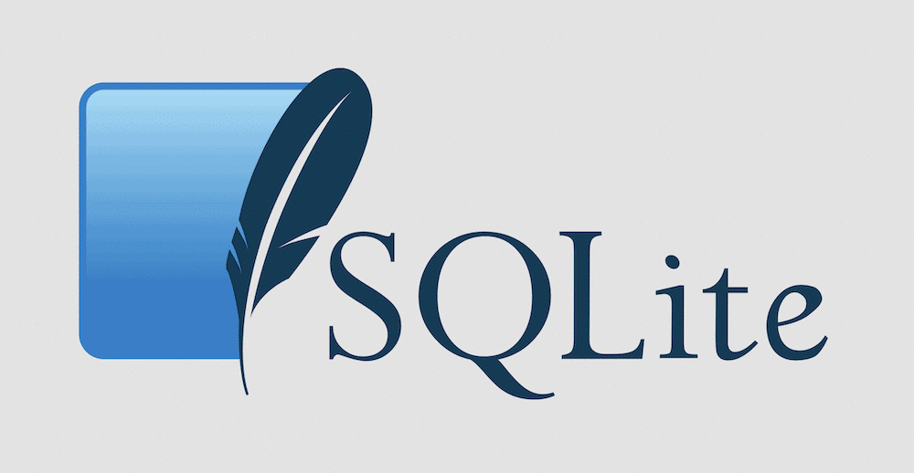 A logo SQLite, mostrando uma silhueta de penas que beira o lado direito de uma caixa de gradiente azul.c