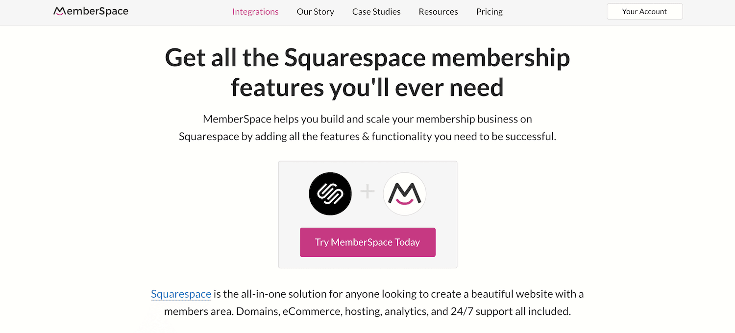 Homepage dell’add-on MemberSpace per Squarespace che dice Get All the Membership Features You’ll Ever Need