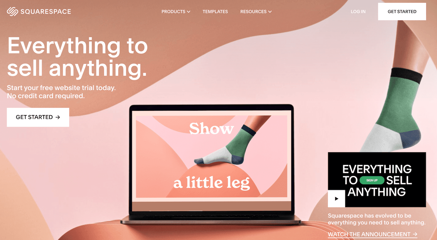 Schermata dell’homepage di Squarespace che dice Everything to Sell Anything