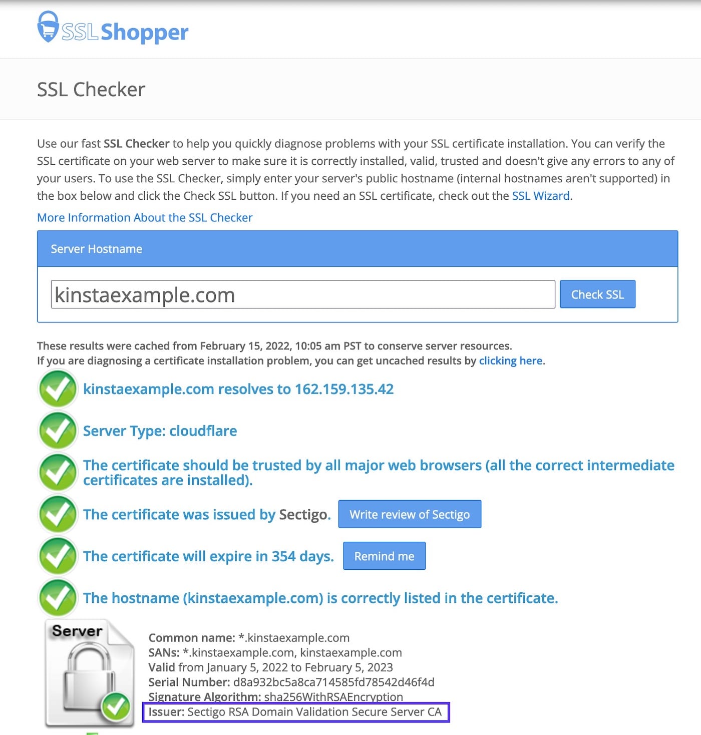 Check for SSL issuer name with SSLShopper SSL Checker.