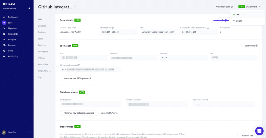 Kinsta's Staging-Umgebung für Webseiten.