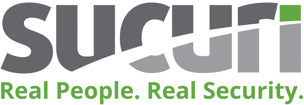 A logo da Sucuri com as palavras "Real People, Real Security" em verde.