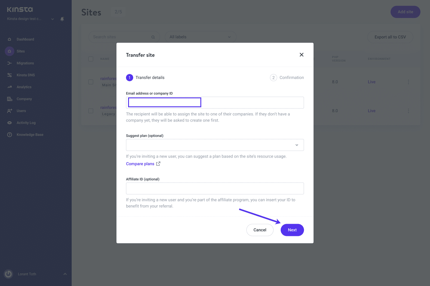 Enter the destination company ID and select the Kinsta DNS domains to transfer. Introduce el ID de la empresa de destino y selecciona los dominios Kinsta DNS a transferir.