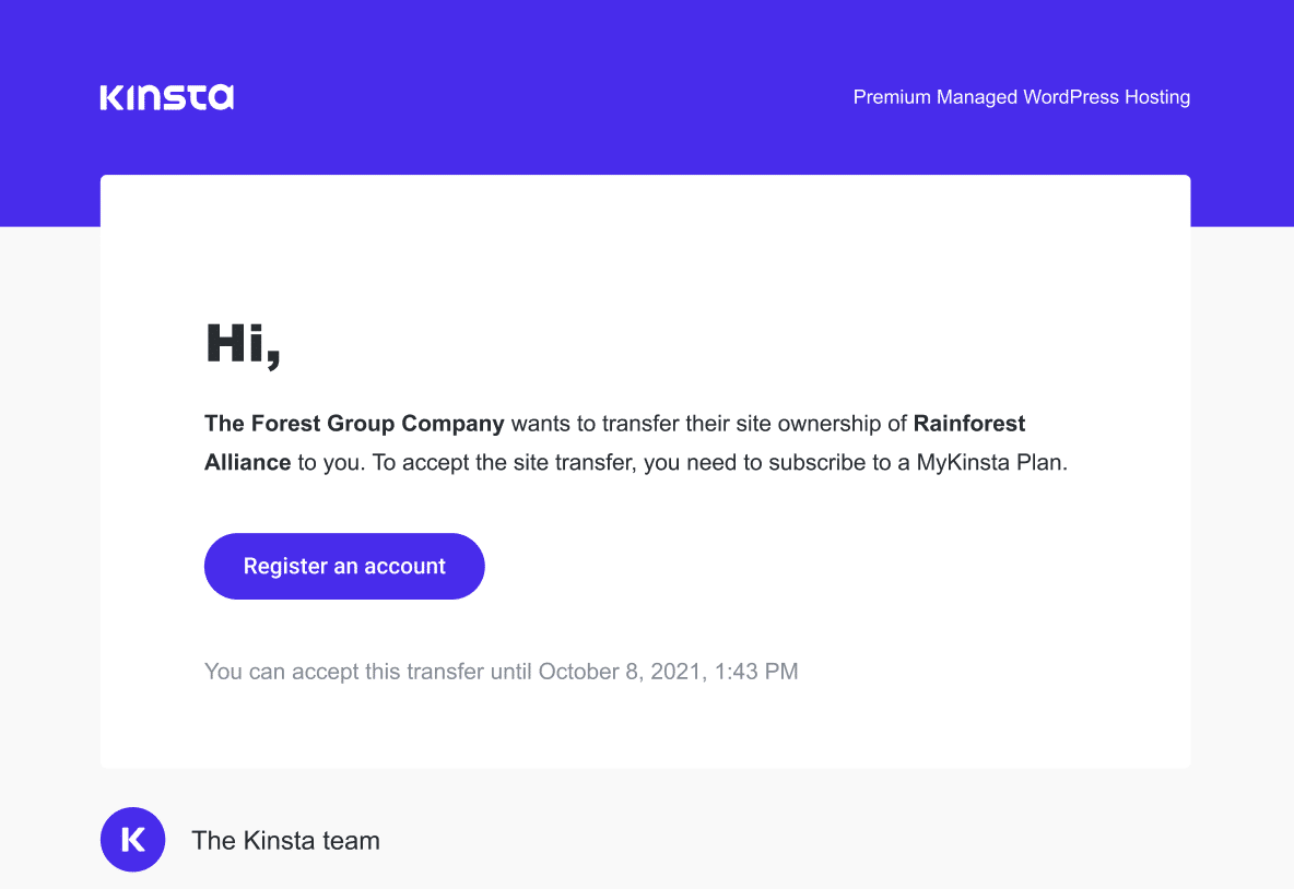 Site transfer email with no plan recommended.