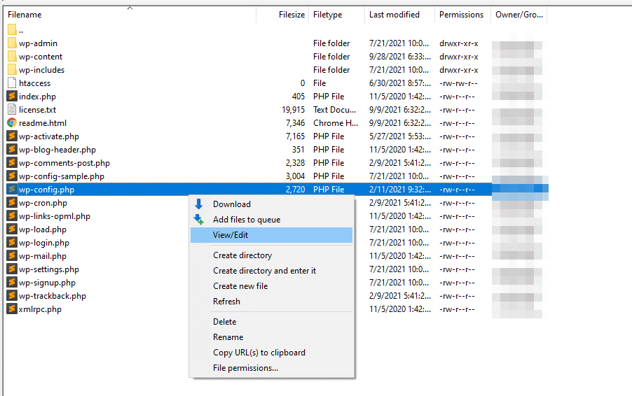 Haz clic en el archivo wp.config.