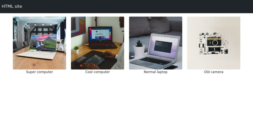 Pagina demo con immagini di dispositivi tech, inclusi alcuni computer e una vecchia macchina fotografica e l’intestazione con scritto ‘HTML site’ su sfondo nero.