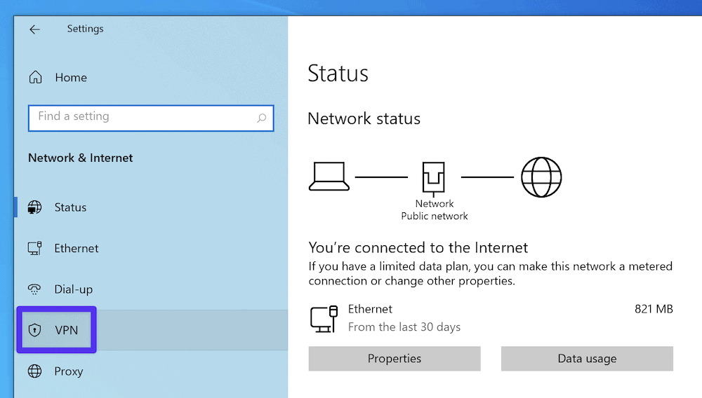 The Windows VPN tab in Windows' settings.