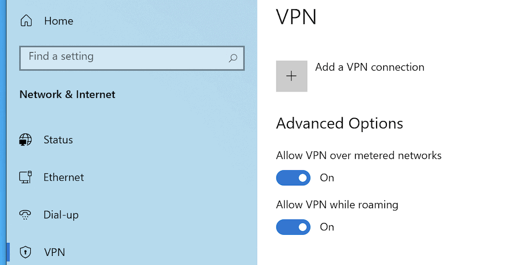 The Windows VPN screen with toggles for several "Advanced Options".