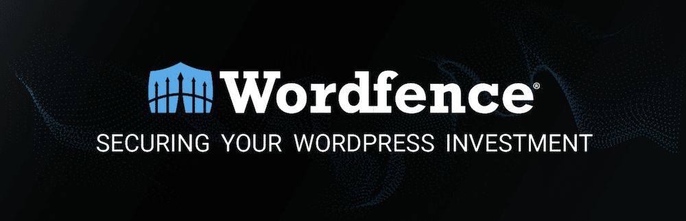 Logo Wordfence con la silhouette di una recinzione e uno scudo blu a sinistra, sotto il motto "Securing your WordPress investment".