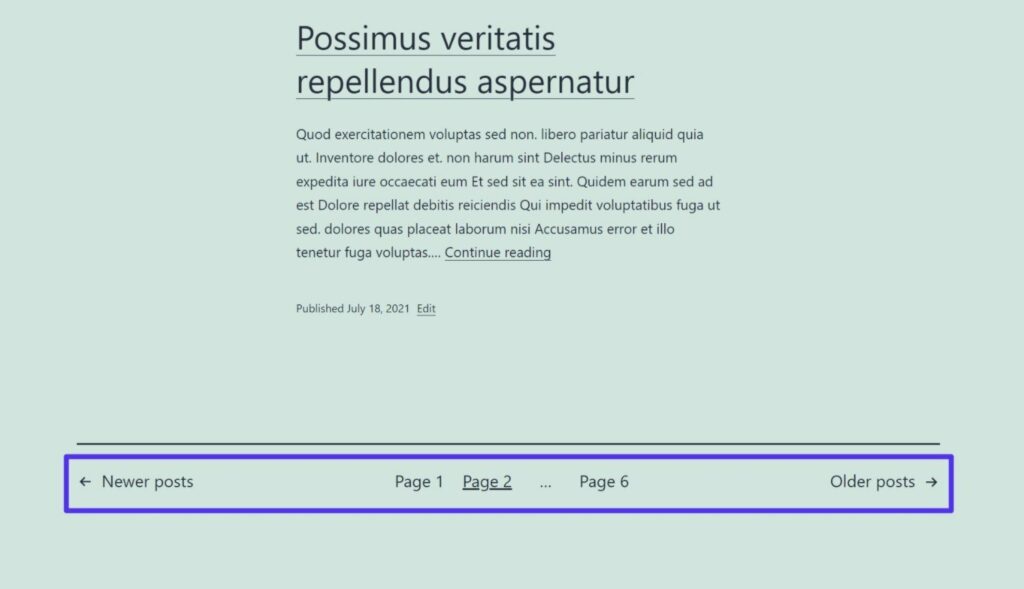 Exemple de pagination WordPress dans le thème par défaut Twenty Twenty-One.