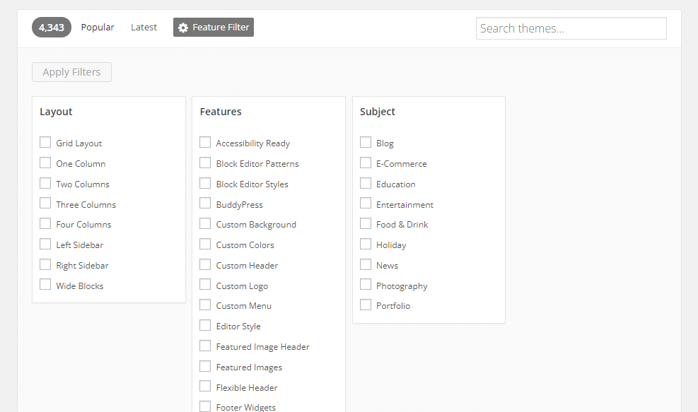 Filtro de características no repositório de temas do WordPress