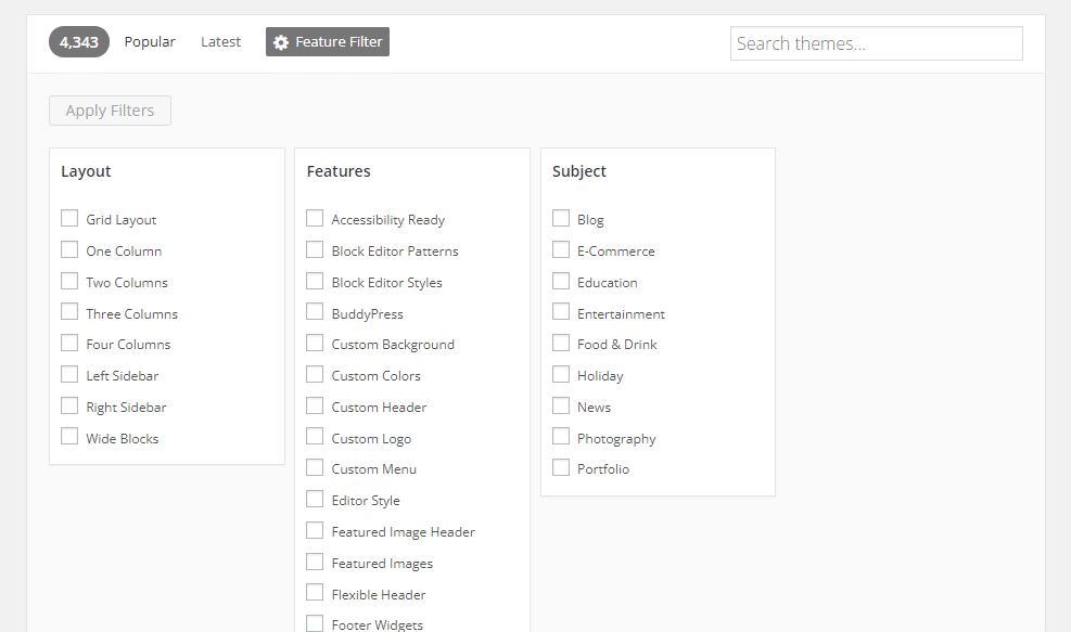 Feature Filter in de WordPress themabibliotheek