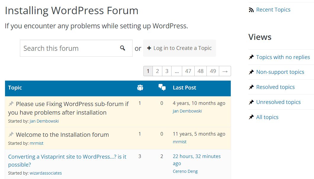 WordPress.org'daki destek forumları