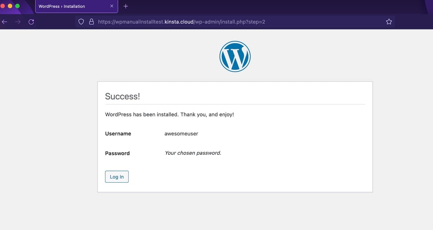 Success message from WordPress installer.