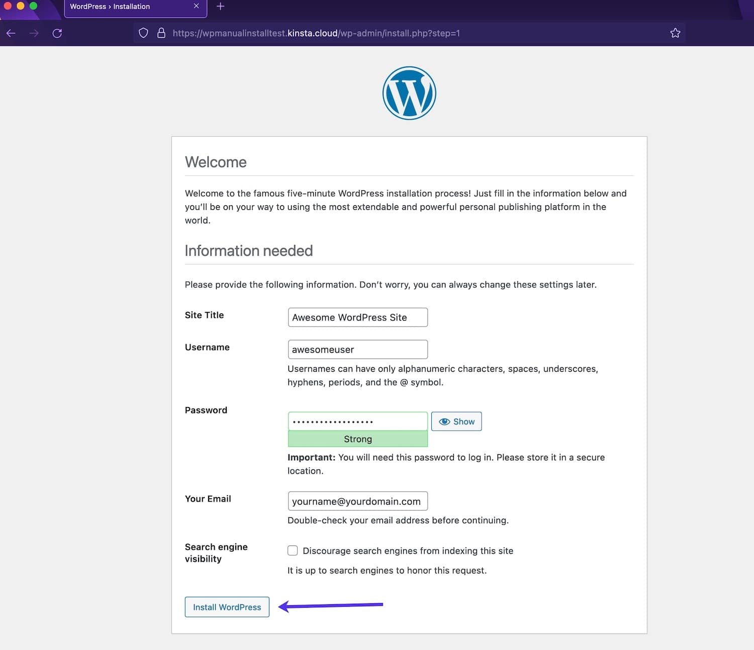 Ange webbplatsinformation i WordPress-installationsprogrammet.