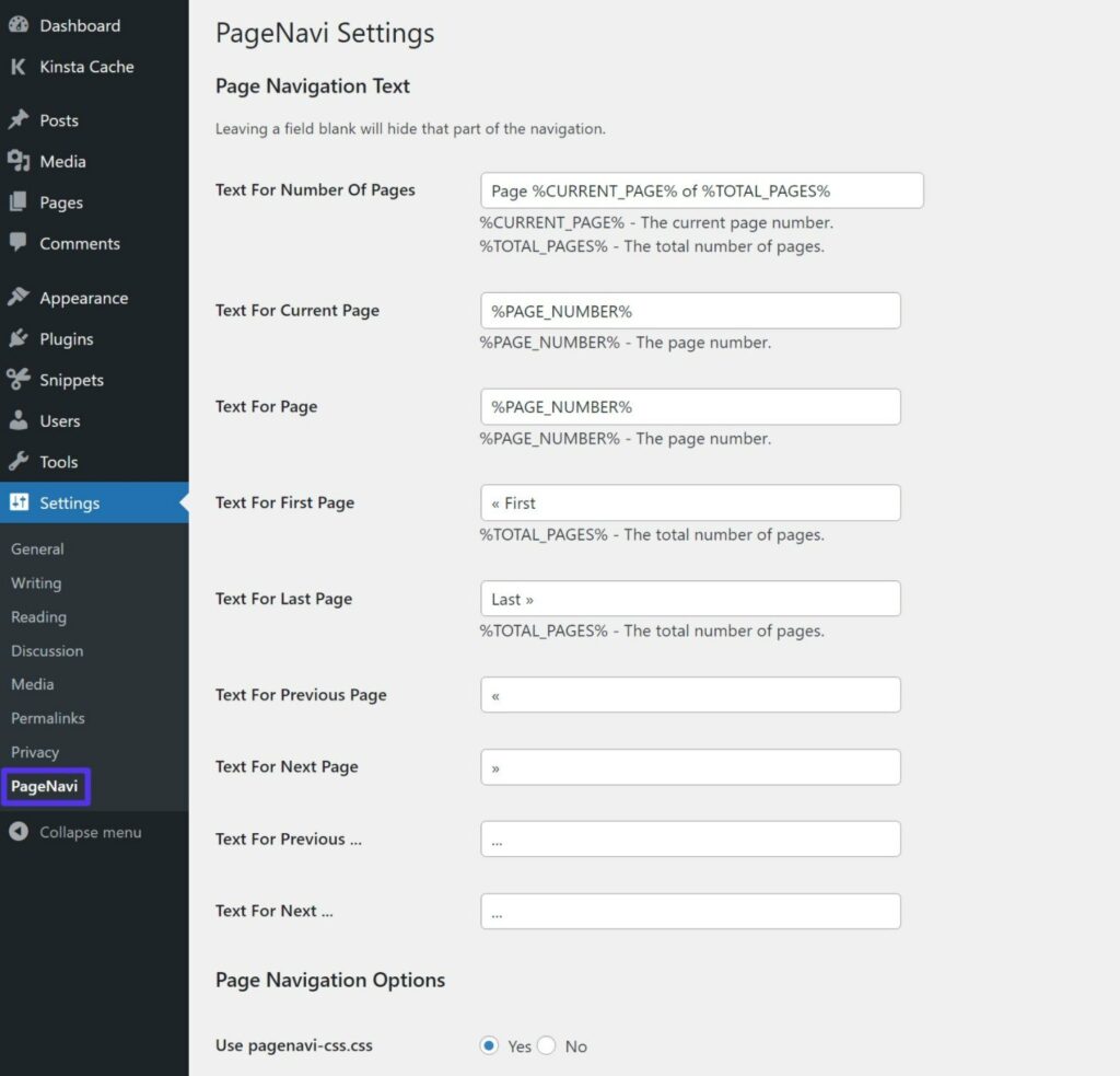 The WP-PageNavi settings area.