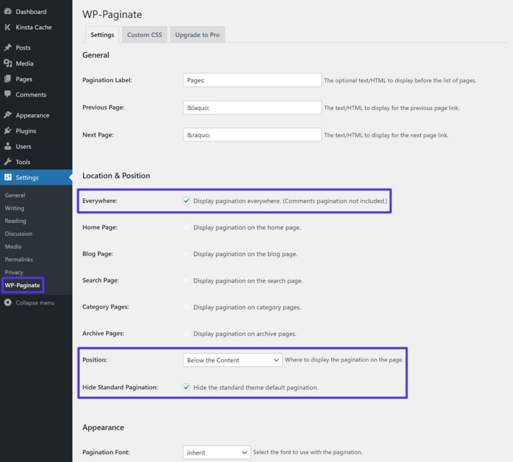 The WP-Paginate plugin settings area.