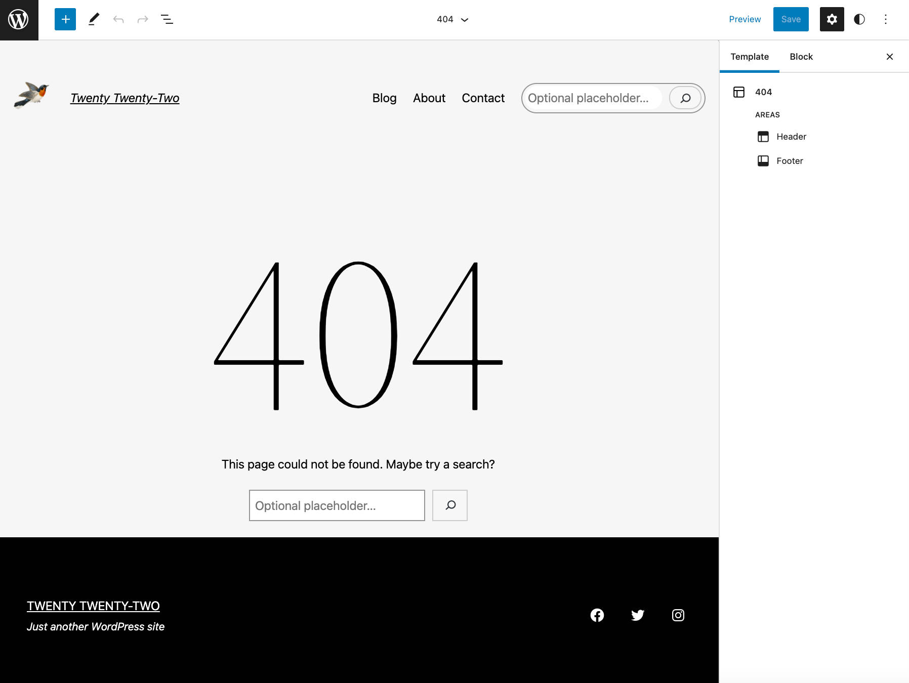 Le modèle de bloc 404 de Twenty Twenty-Two dans l'éditeur de modèles