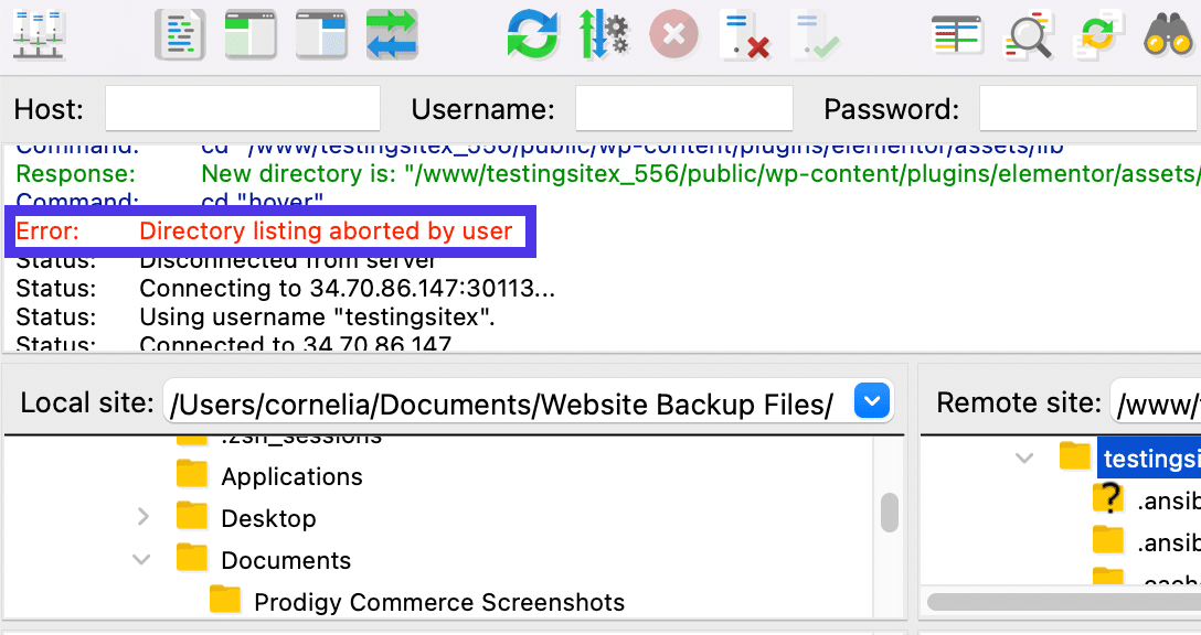 Schermata di FileZilla dove nella barra delle notifiche compare l’errore “Directory Listing Aborted By User”.