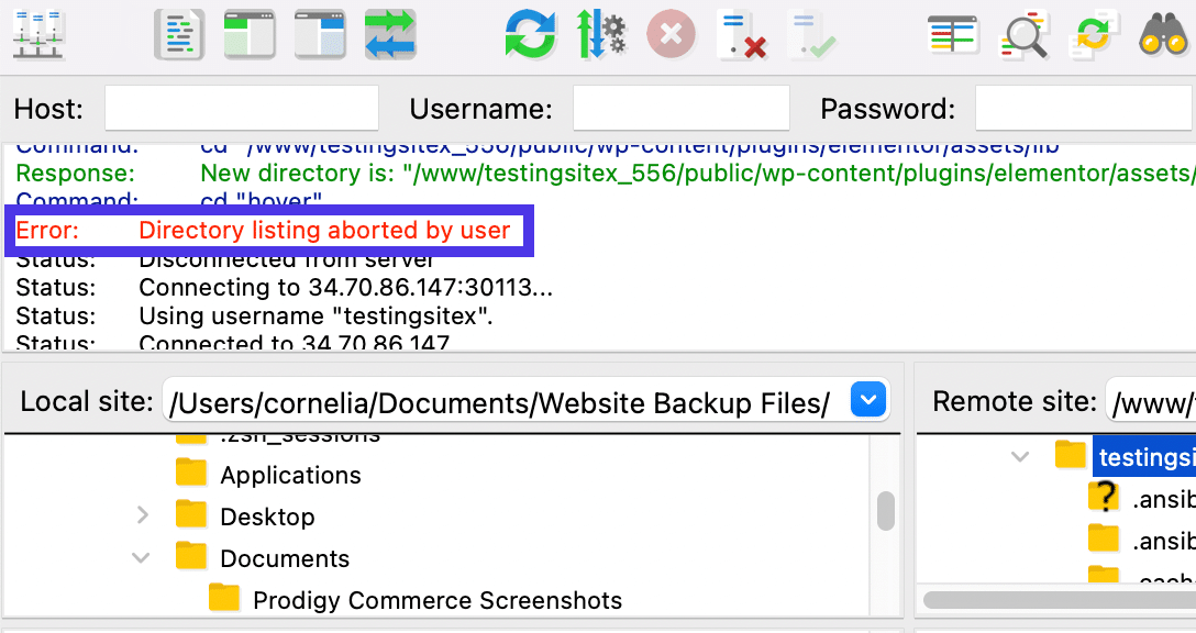 Example of the “Directory Listing Aborted By User” error.