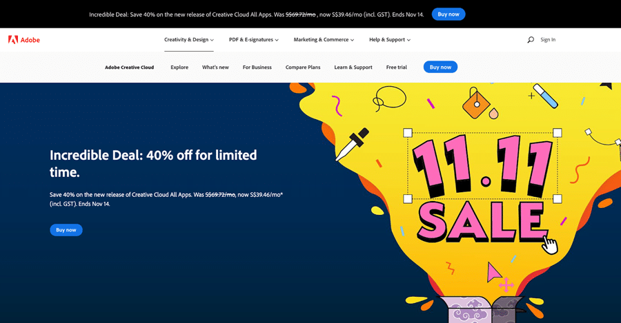 Adobe's homepage advertising a sale on a blue background.