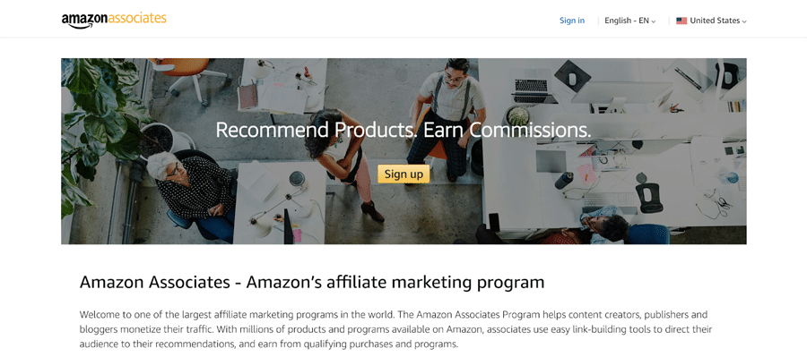 Page d'affiliation d'Amazon Associates