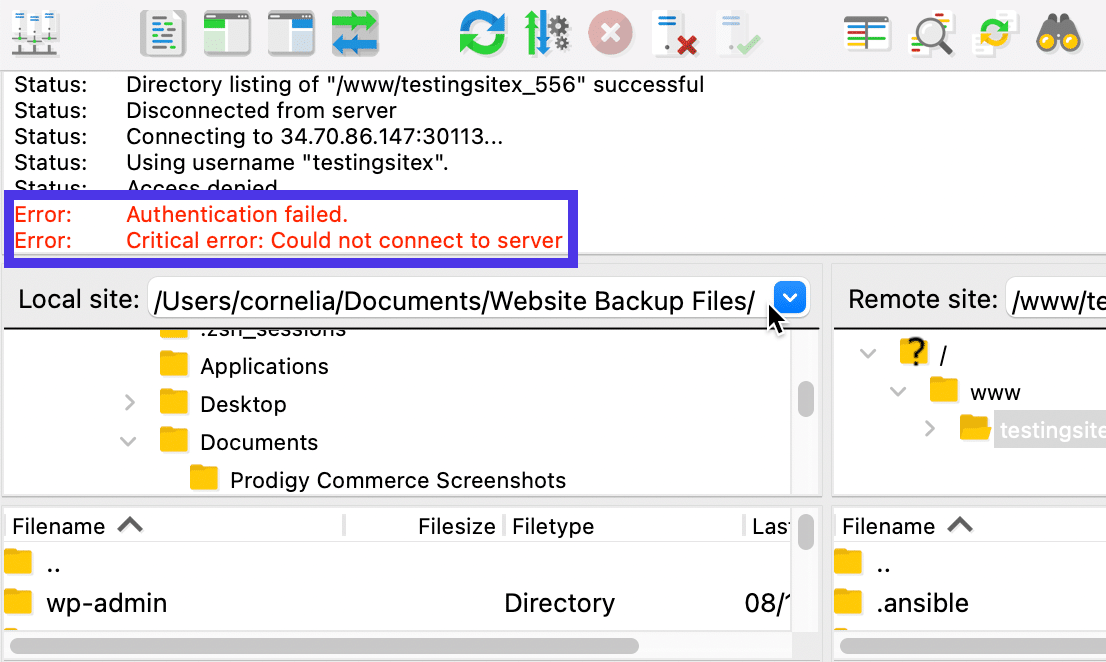 Screenshot della barra delle notifiche dell’FTP con il messaggio di errore “Authentication Failed”.