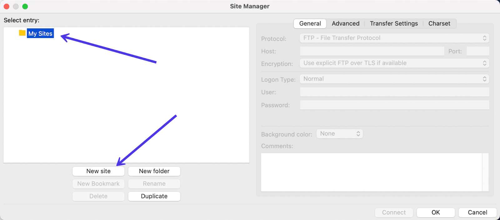 Schermata del Site Manager dove nell’area Select Entry si trova la cartella My Sites. Una freccia indica il pulsante New Site su cui fare clic.