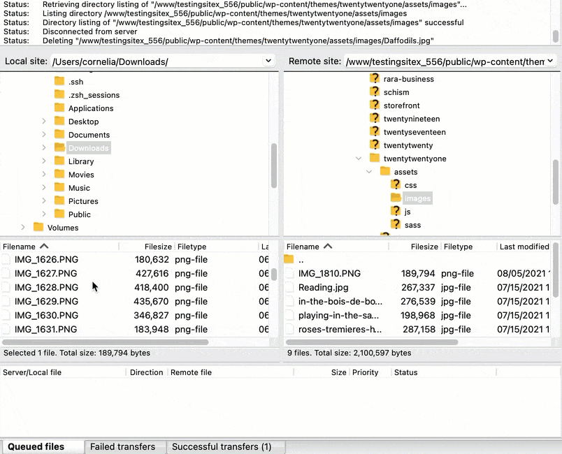 Dragging a local file to the remote site activates an instant upload.