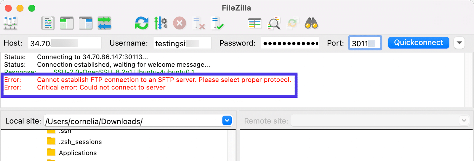 Schermata di FileZilla dove nella barra delle notifiche compaiono due messaggi di errore.