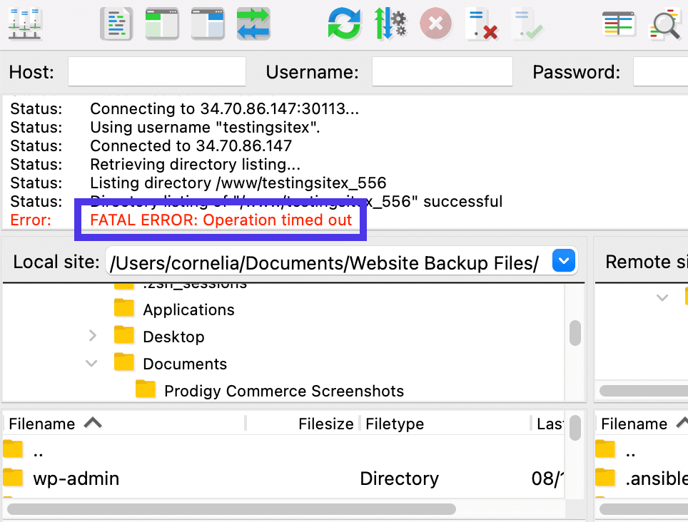 Example of an “Operation Timed Out” error.