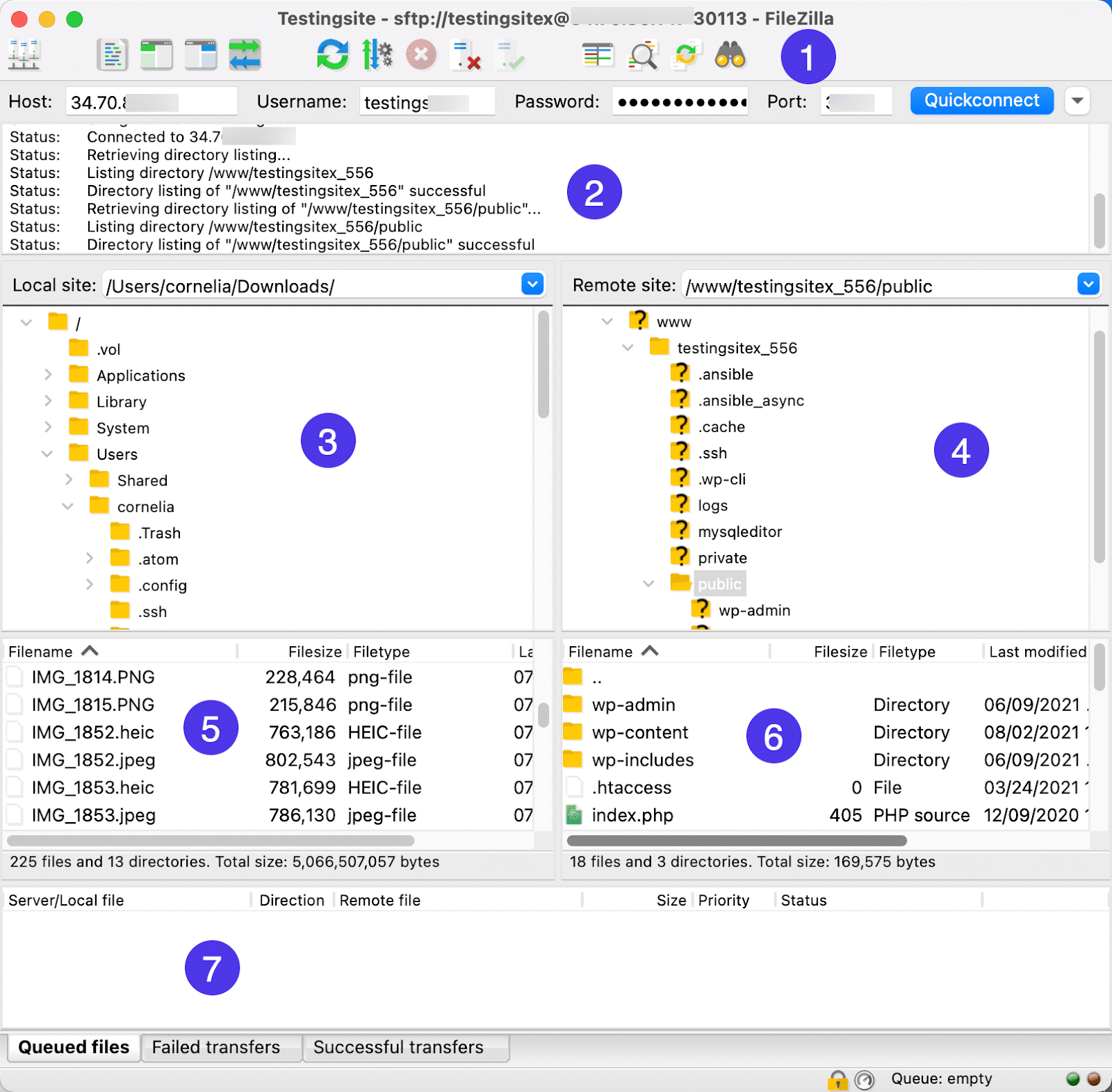 Schermata intera di FileZilla con tutte le sue funzioni etichettate con un numero diverso.