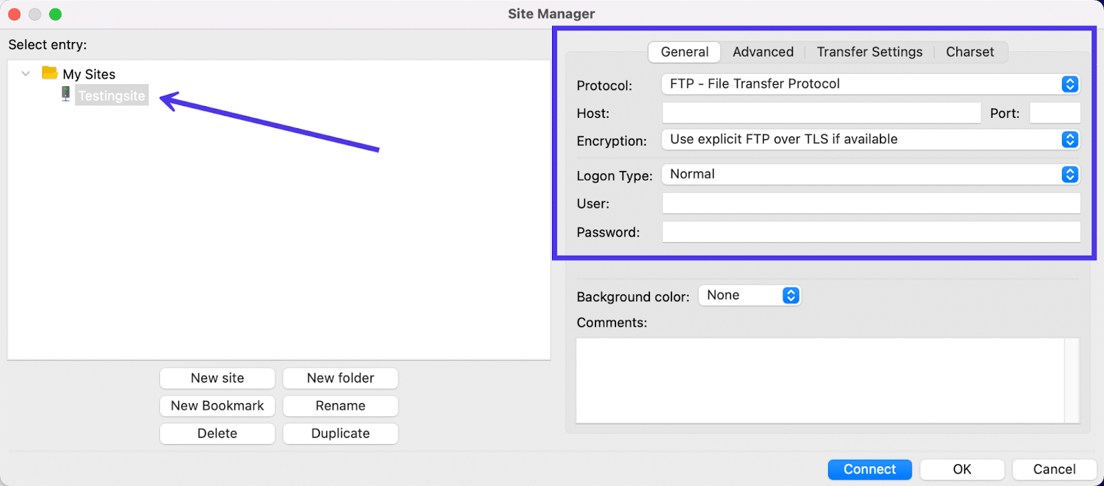 Auf der Registerkarte Allgemein im Site Manager kannst du das Protokoll ändern und Anmeldedaten eingeben