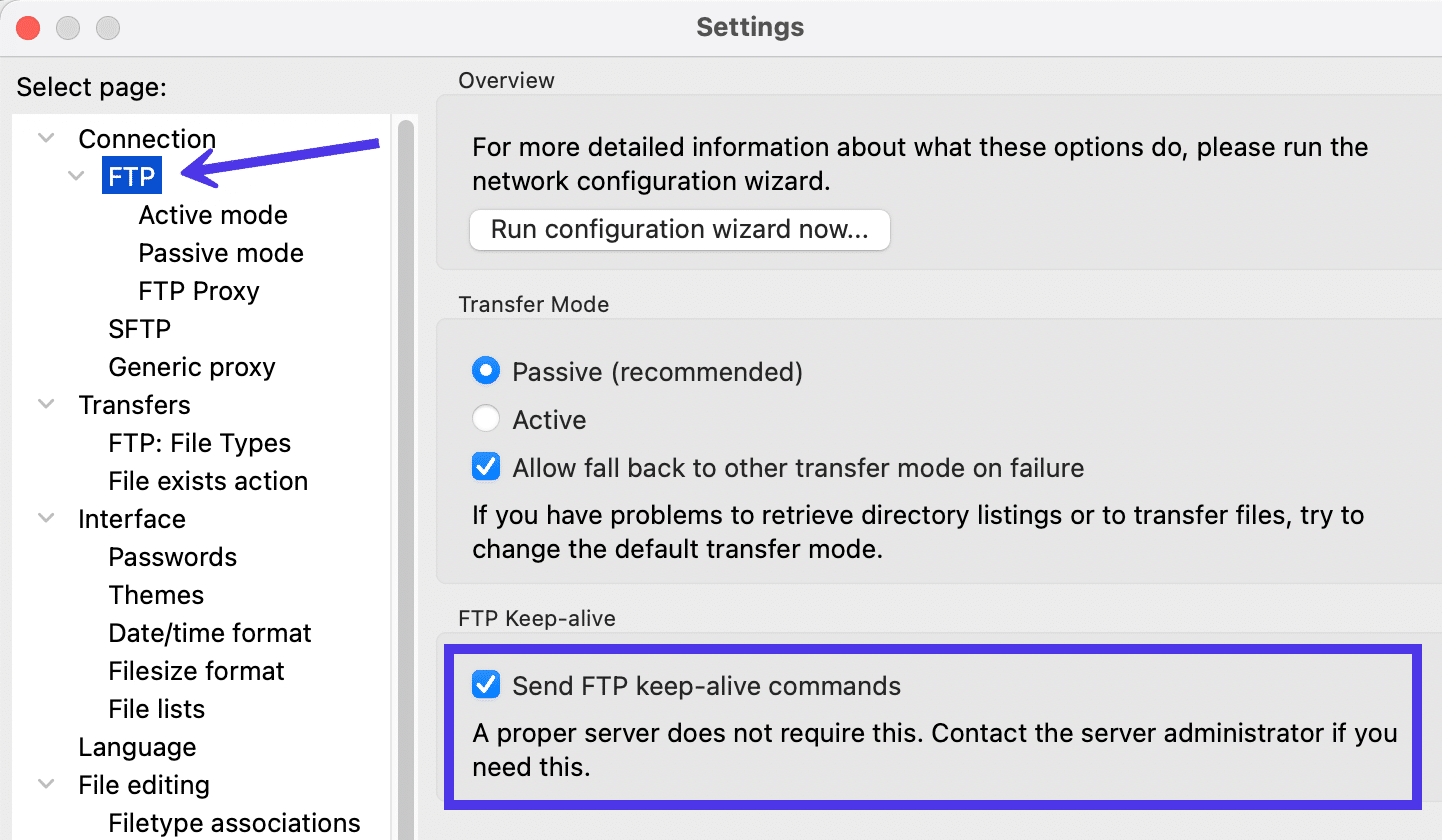 Schermata delle impostazioni dell’FTP, sezione FTP Keep-alive.