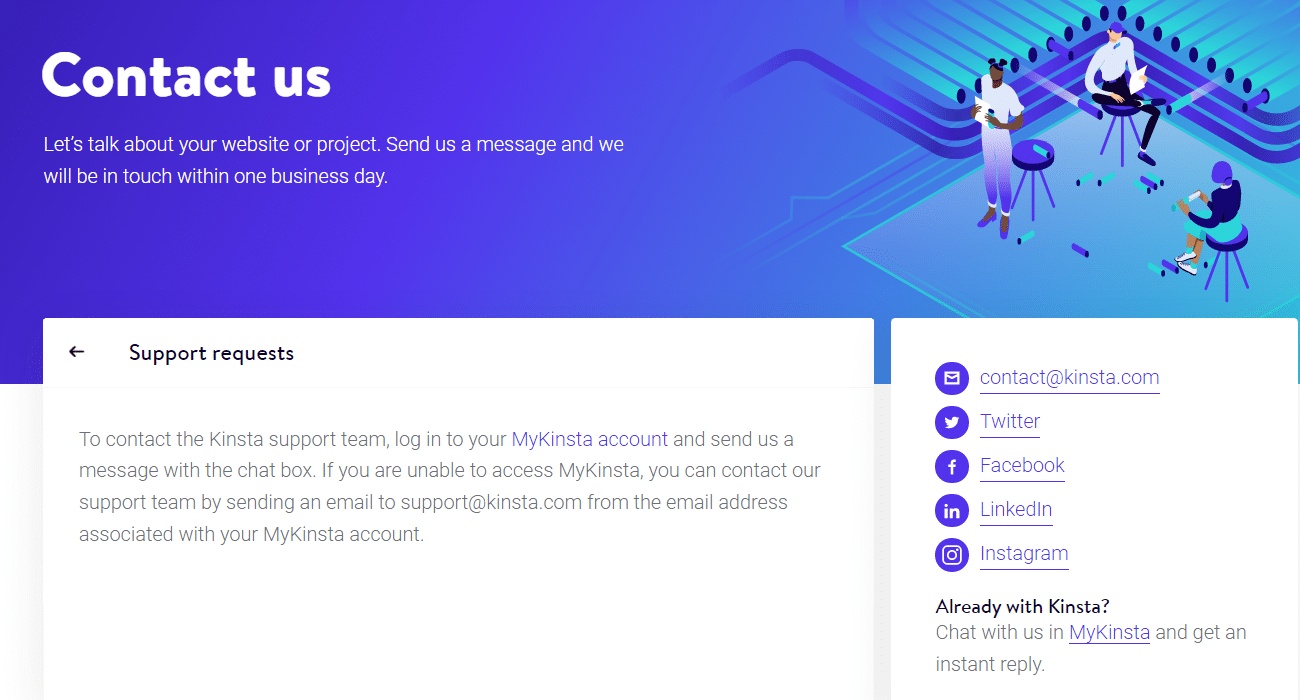 Kinsta’s contact page with “Contact us” in white text on a blue background. Below that, a white box to the left directs users to contact the Kinsta support team through their MyKinsta Account. To the right are links to Kinsta’s email address and social media accounts.
