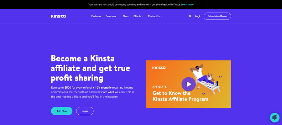 Kinstas affiliate program-side, der siger, "Bliv Kinsta-partner og få ægte overskudsdeling" i hvid tekst på en blå baggrund med en video om programmet.