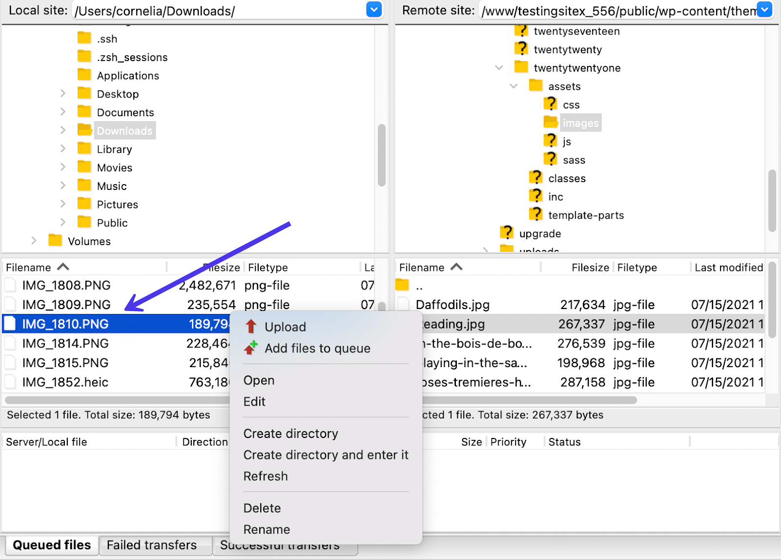 Schermata di FileZilla e menu che si apre con il tasto destro sul modulo Local Directory Contents dove compaiono molte opzioni di gestione del file.