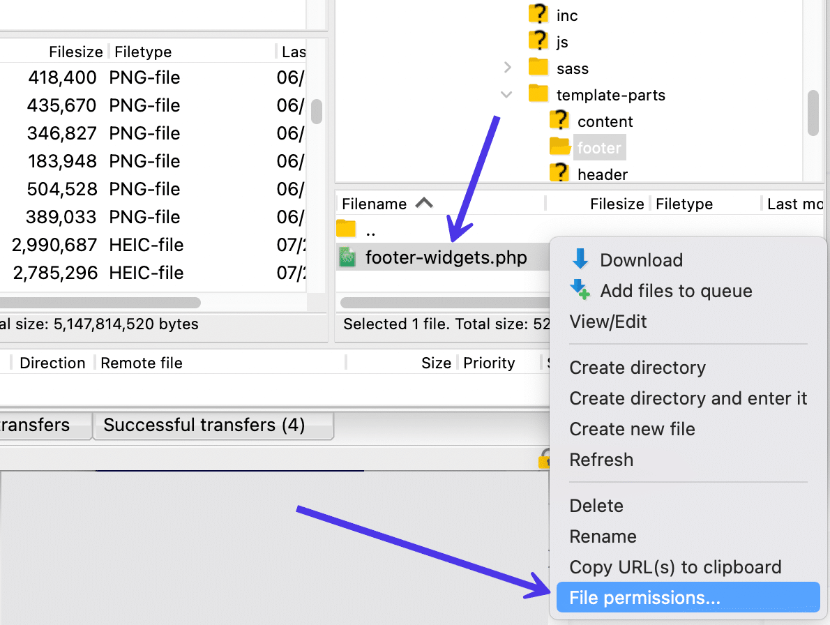 É possível visualizar as permissões de arquivo do FileZilla