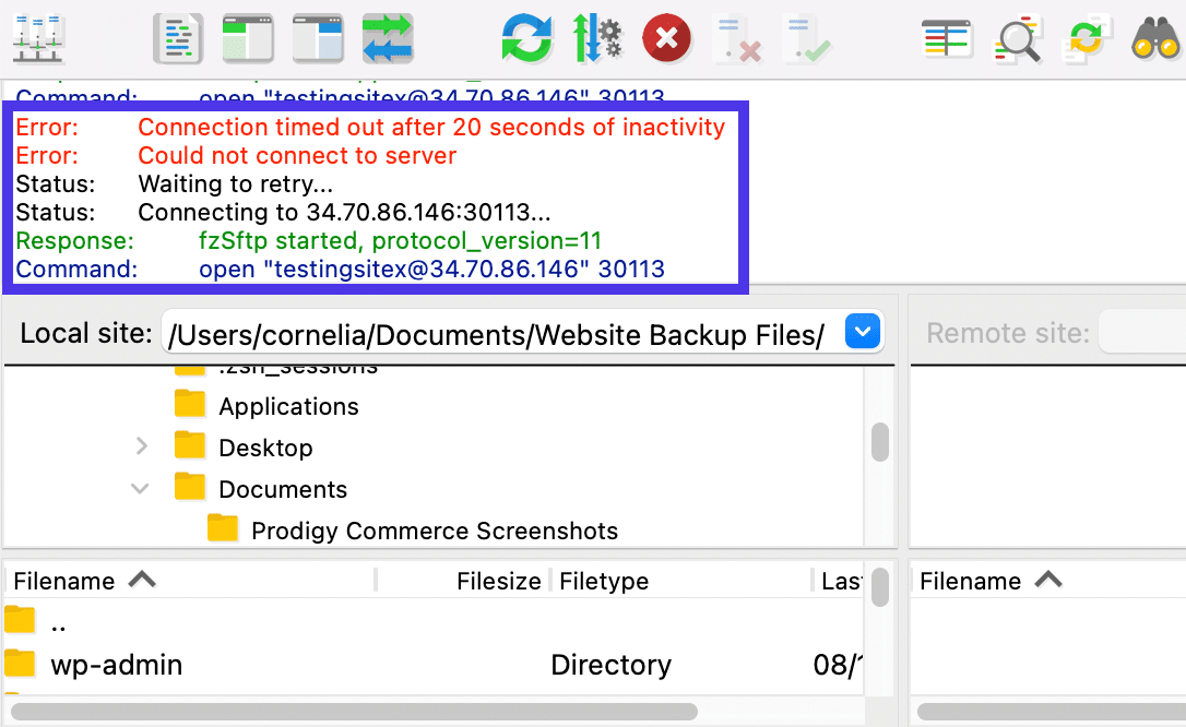 Screenshot dell’FTP con la barra notifiche in cui alla fine compaiono due messaggi introdotti da Response e Command.