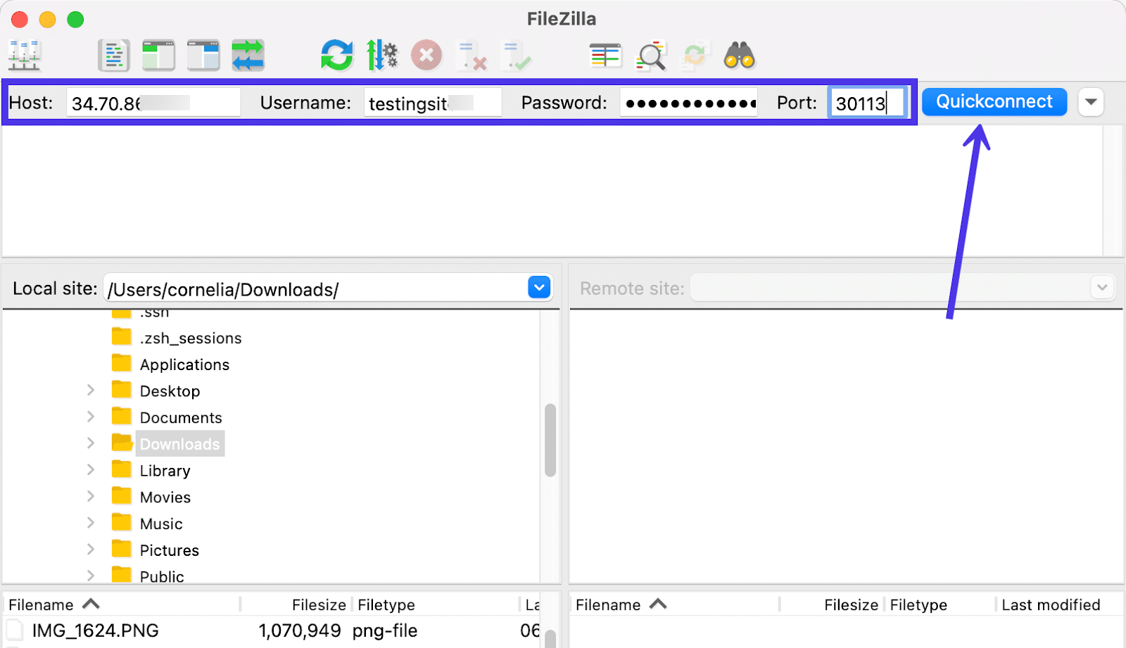 Barra del pannello Quickconnect in cui sono state inserite le credenziali dell’host e una freccia indica il pulsante da cliccare.