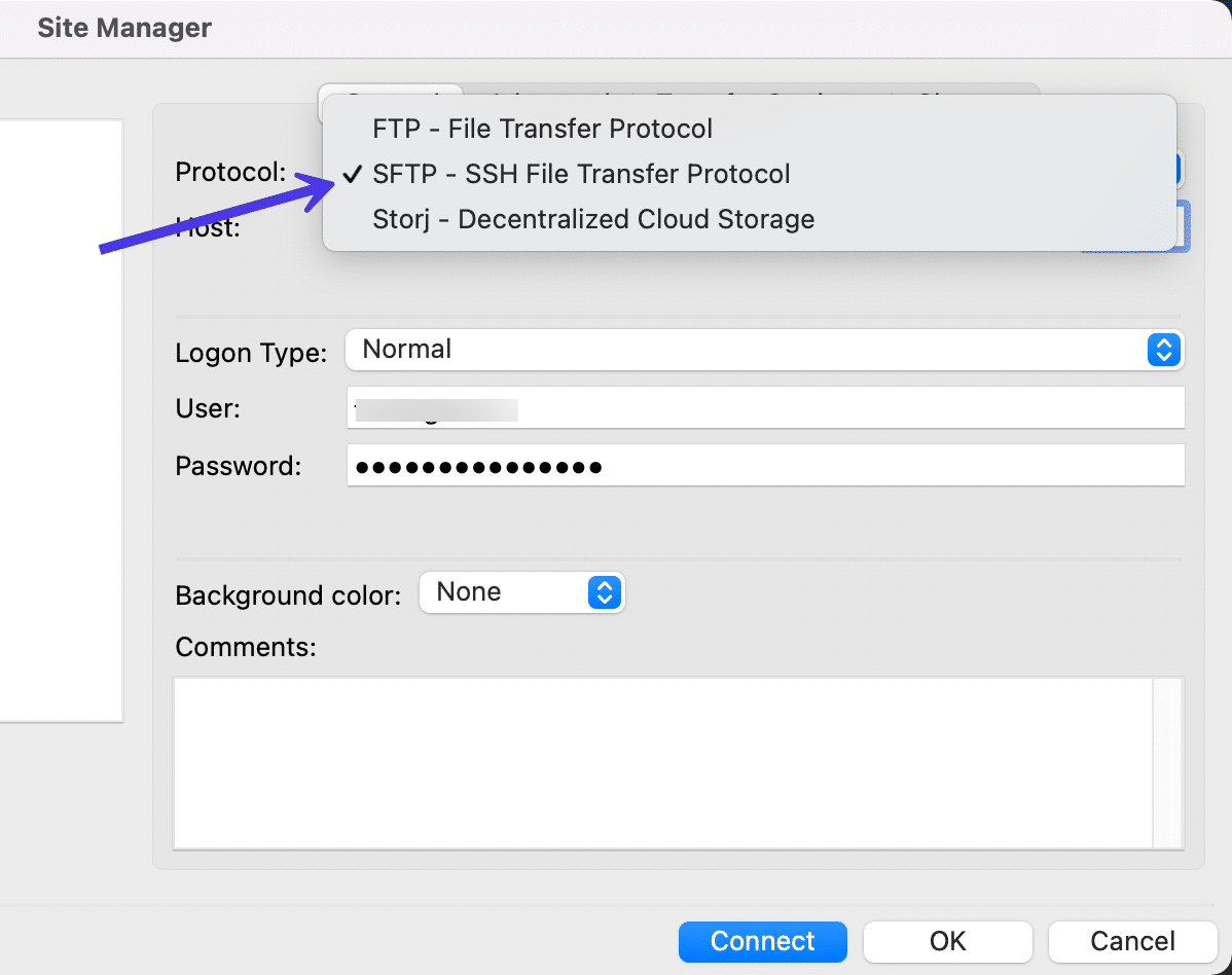 Wähle SFTP unter dem Feld Protokoll