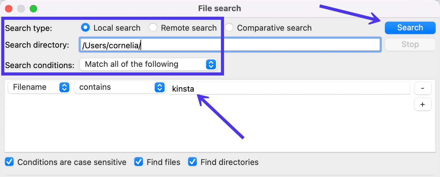 Fate la ricerca in FileZilla digitando una parola chiave per il nome di un file..