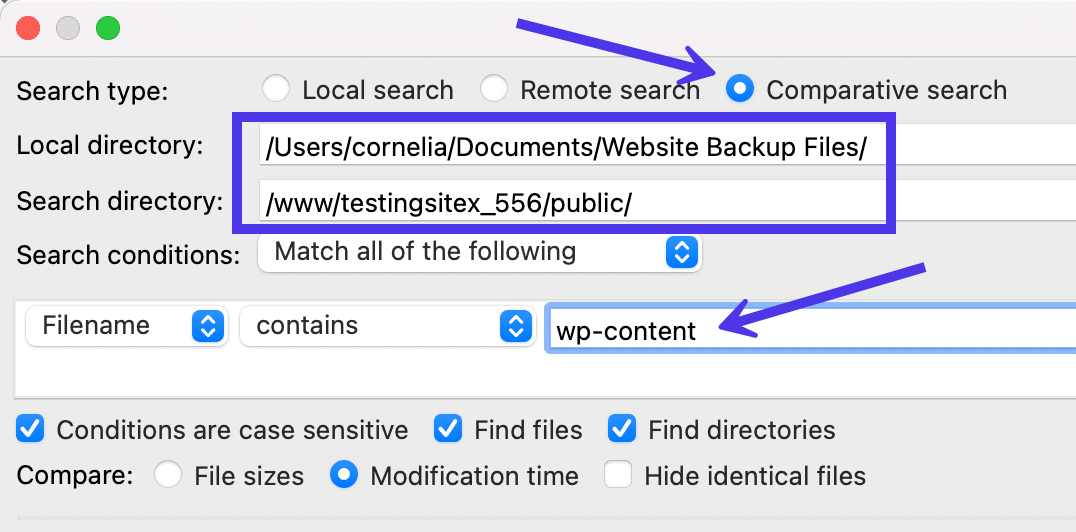 Selezionate il pulsante Comparative Search e selezionate le directory che desiderate controllare.